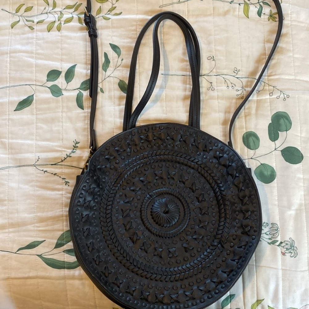 Anthropologie Black Round Woven Leather Shoulder Bag